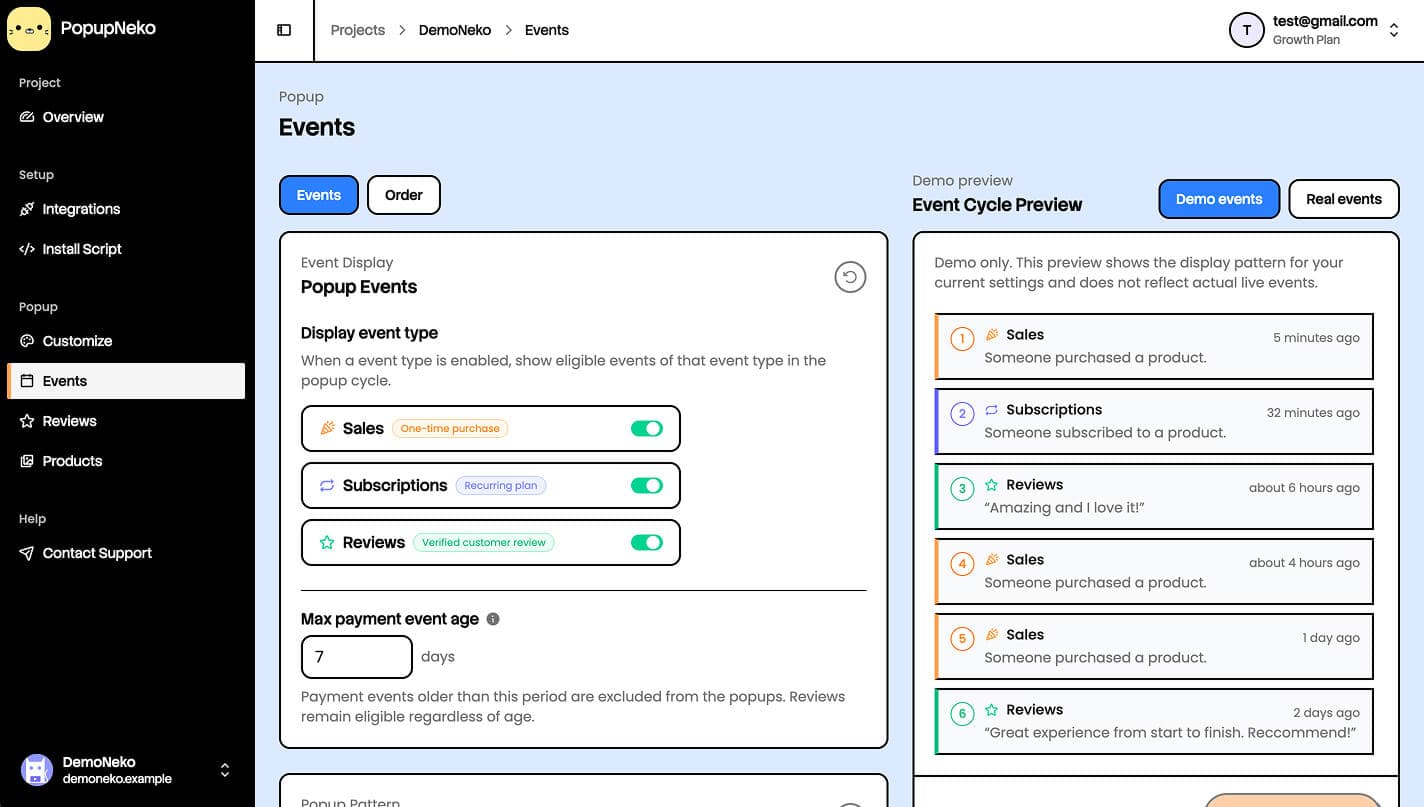 PopupNeko Events page with customization options on display event types, event ages and popup order patterns