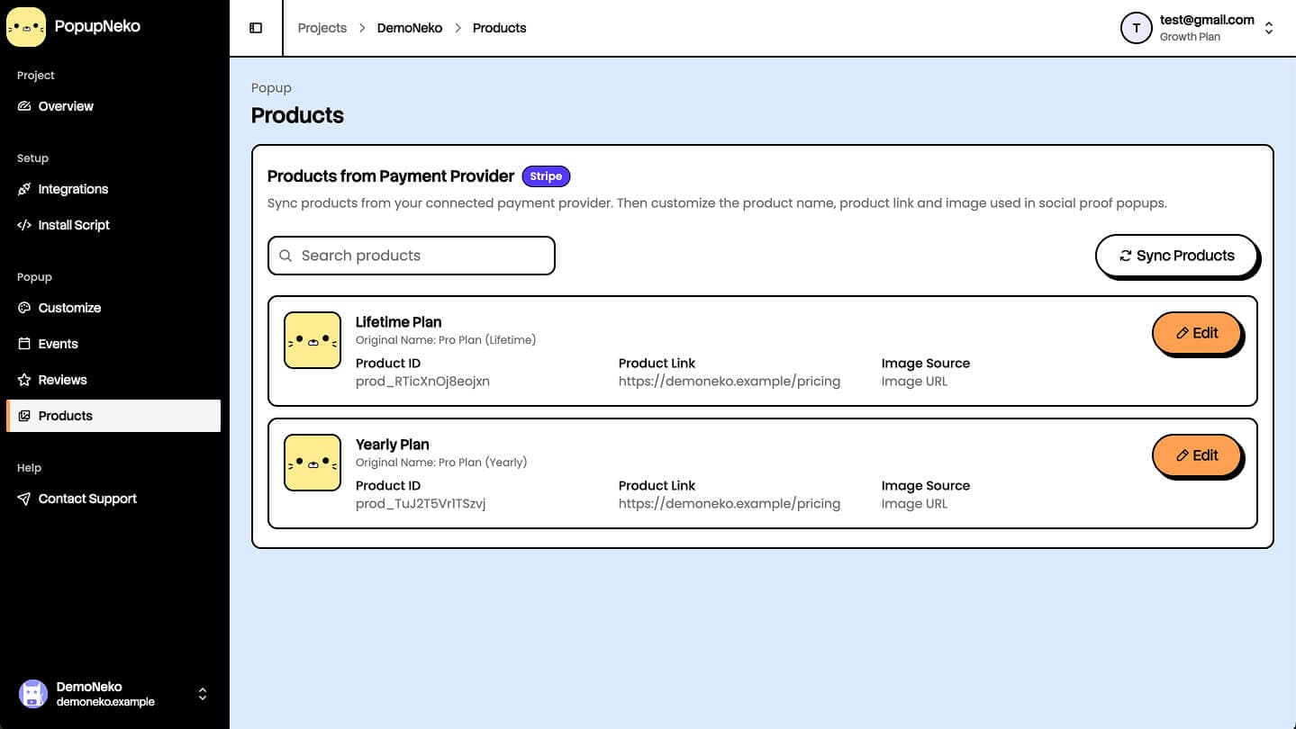 PopupNeko Products page to sync products, customize product name, image and link for popup display