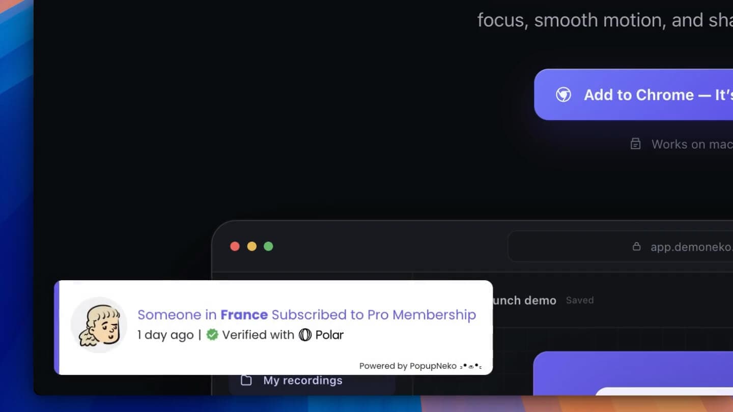 PopupNeko verified Polar sales notifications displayed on a merchant website