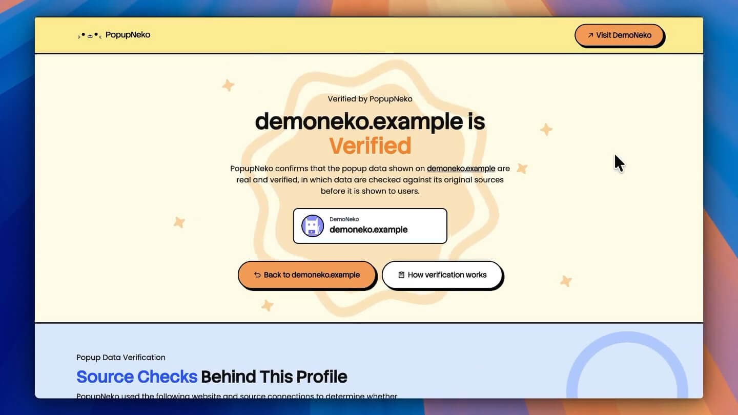 Verified merchant profile on PopupNeko