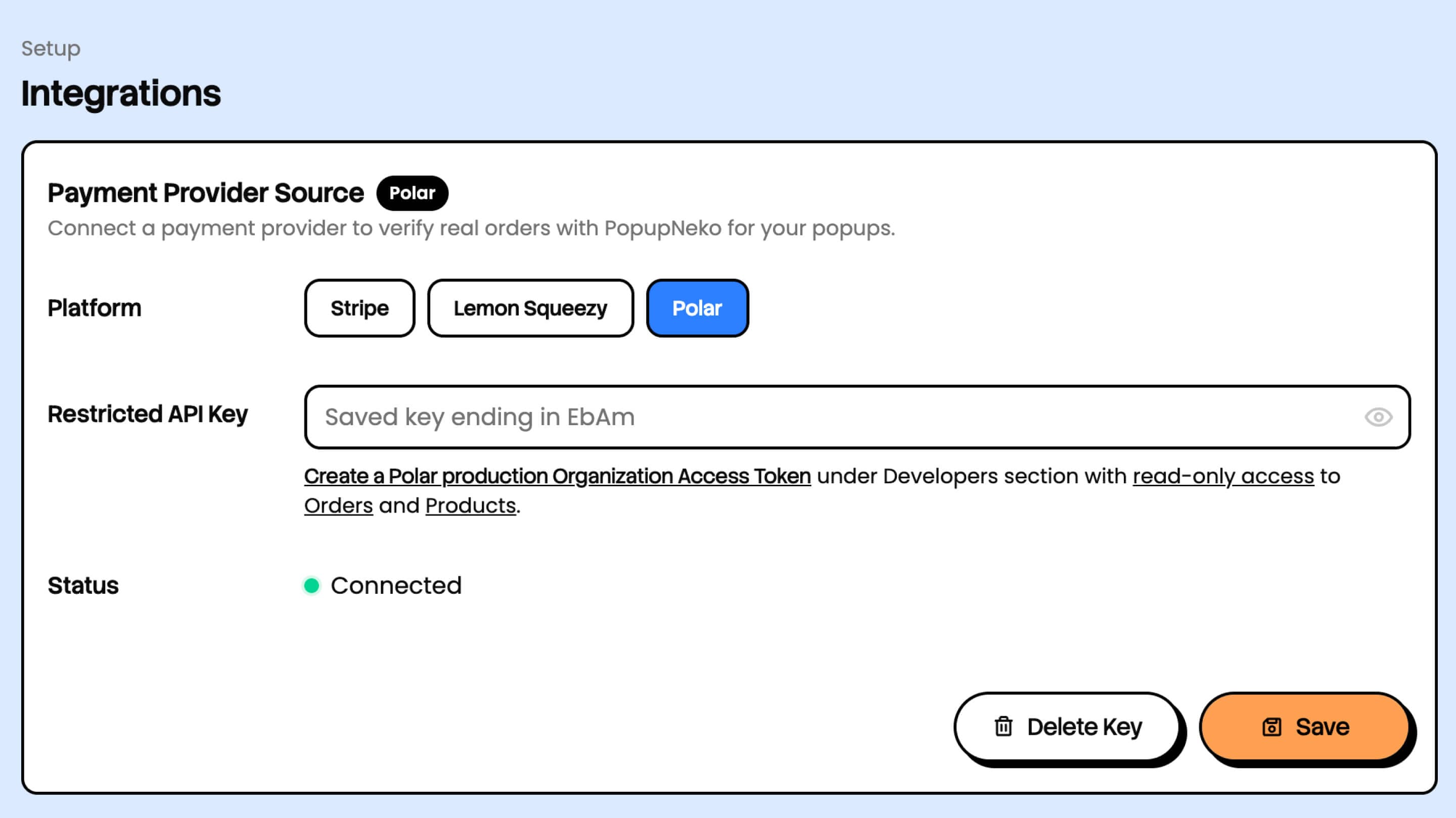 Polar selected in PopupNeko Integrations, with a masked saved restricted key and Connected status