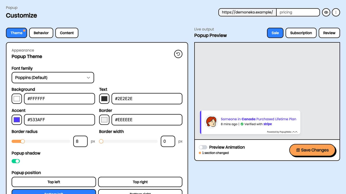 PopupNeko Customize page with theme controls, a popup preview, and Save Changes