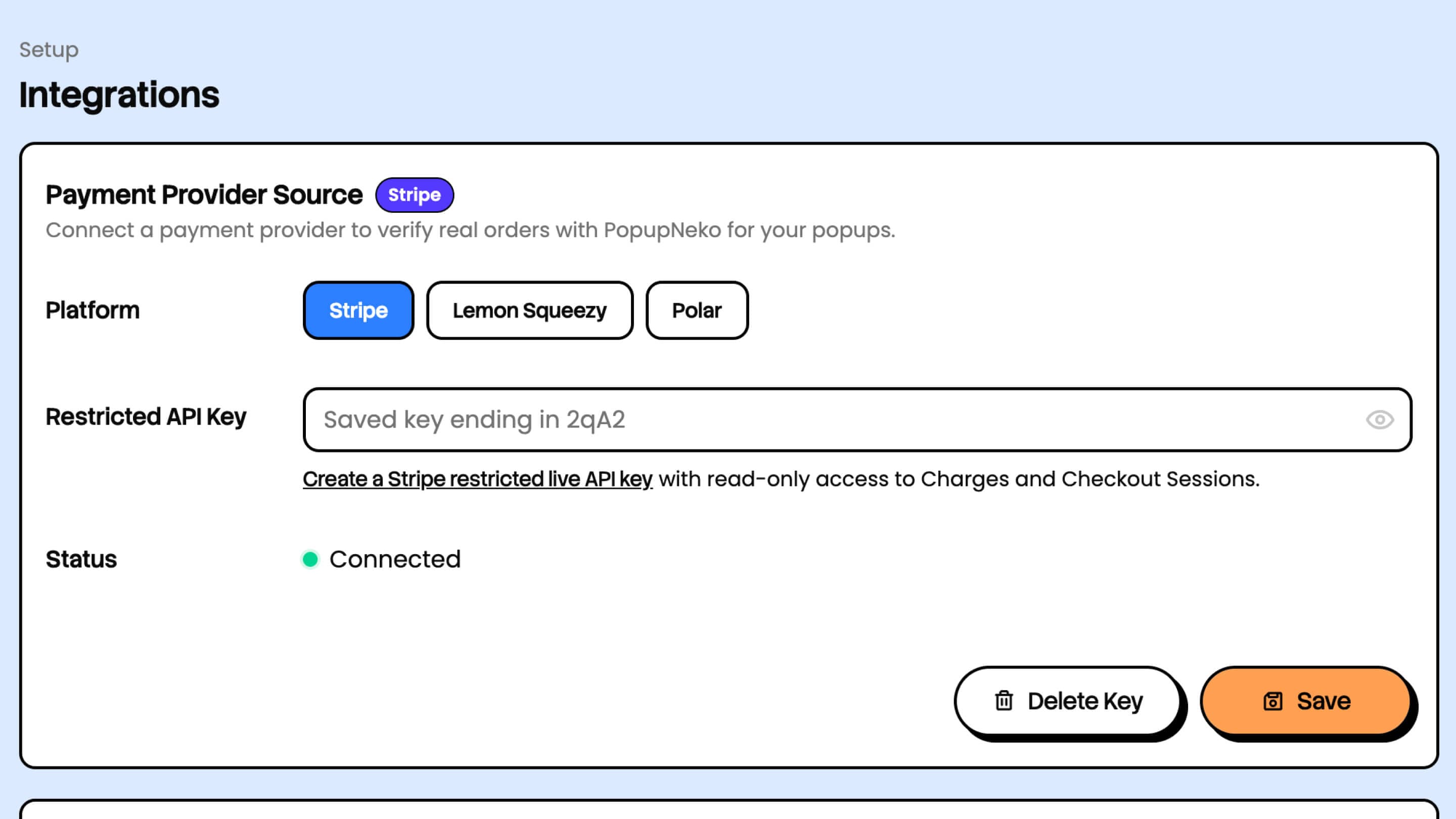 Stripe integration connected in PopupNeko Dashboard