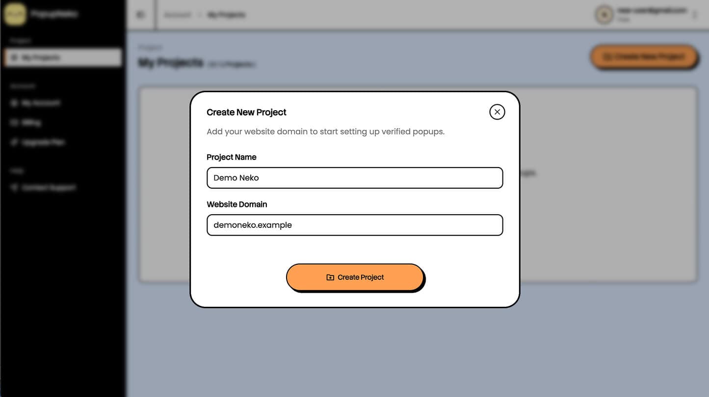 Create new project in PopupNeko Dashboard