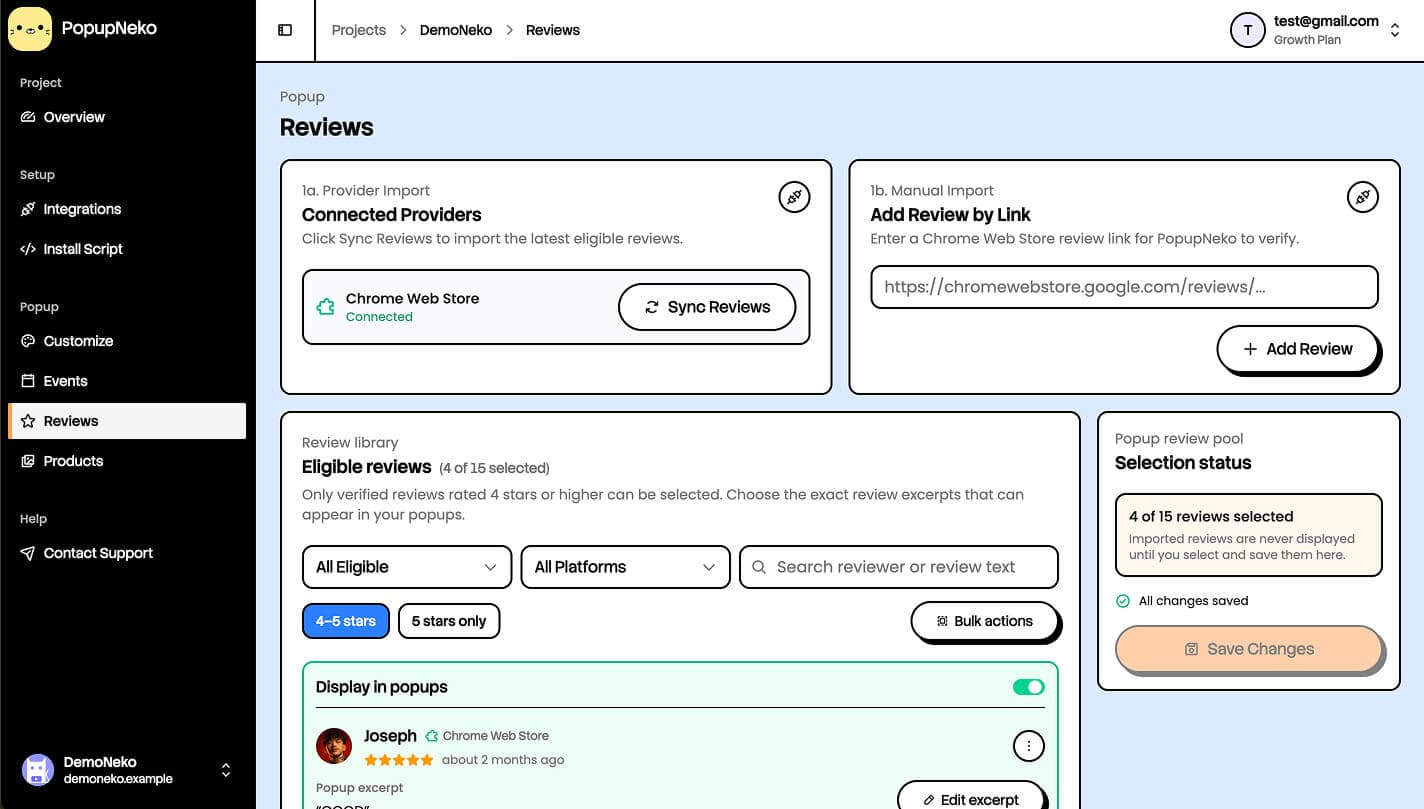 PopupNeko Reviews page to sync, import and select reviews for display