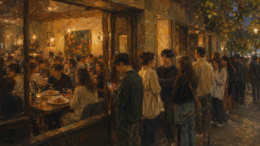 A packed restaurant with a long wait line | PopupNeko