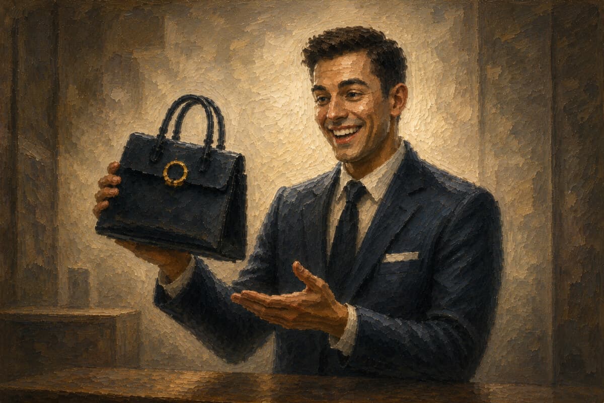 Online Store Painpoint: Salesperson selling handbag and saying that it's good may look untrustworthy | PopupNeko