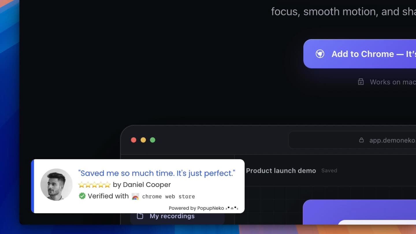PopupNeko verified Chrome Web Store review popups appearing on a merchant website