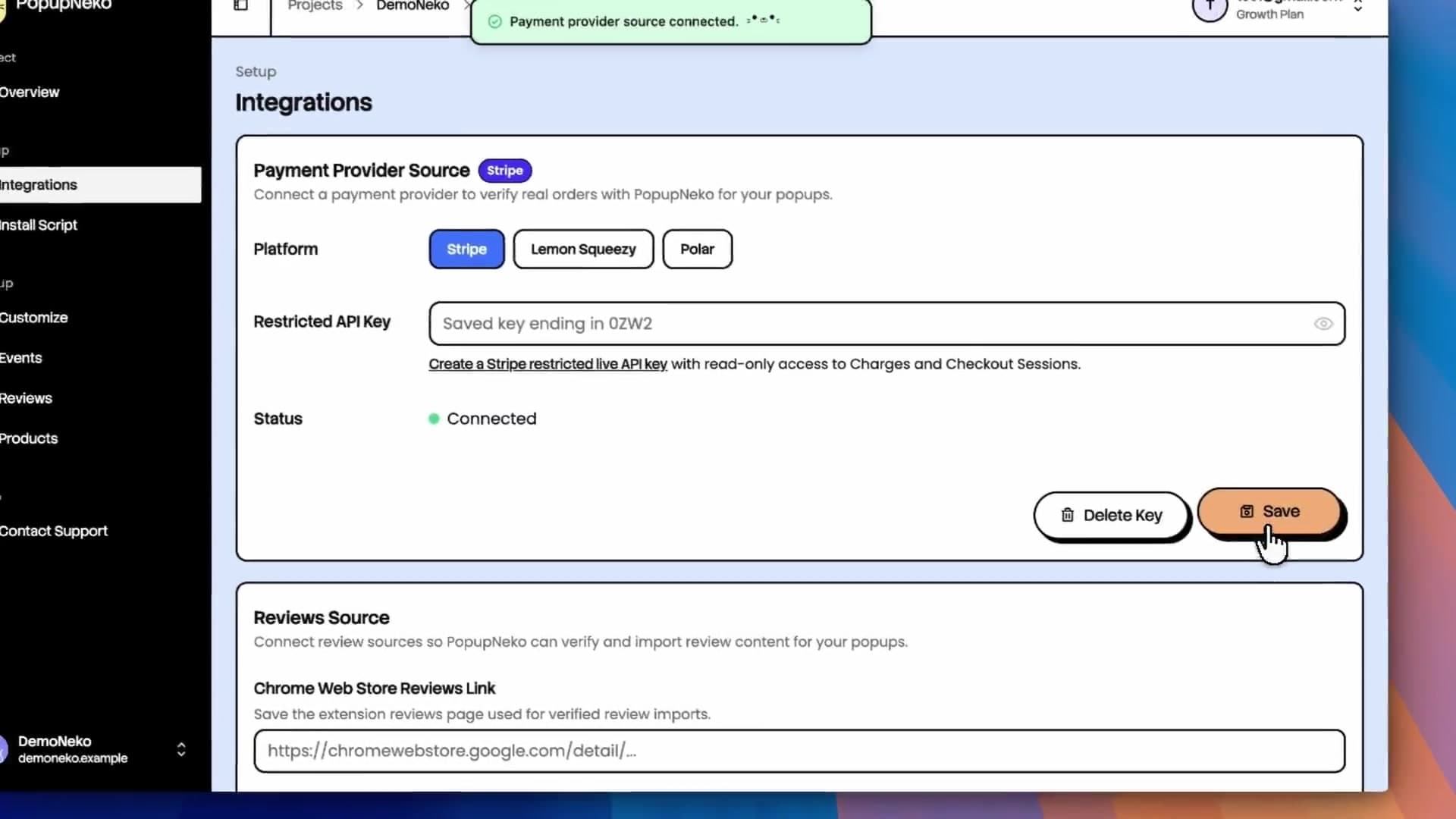 Create a restricted read-only Stripe API key and connect Stripe to PopupNeko | PopupNeko