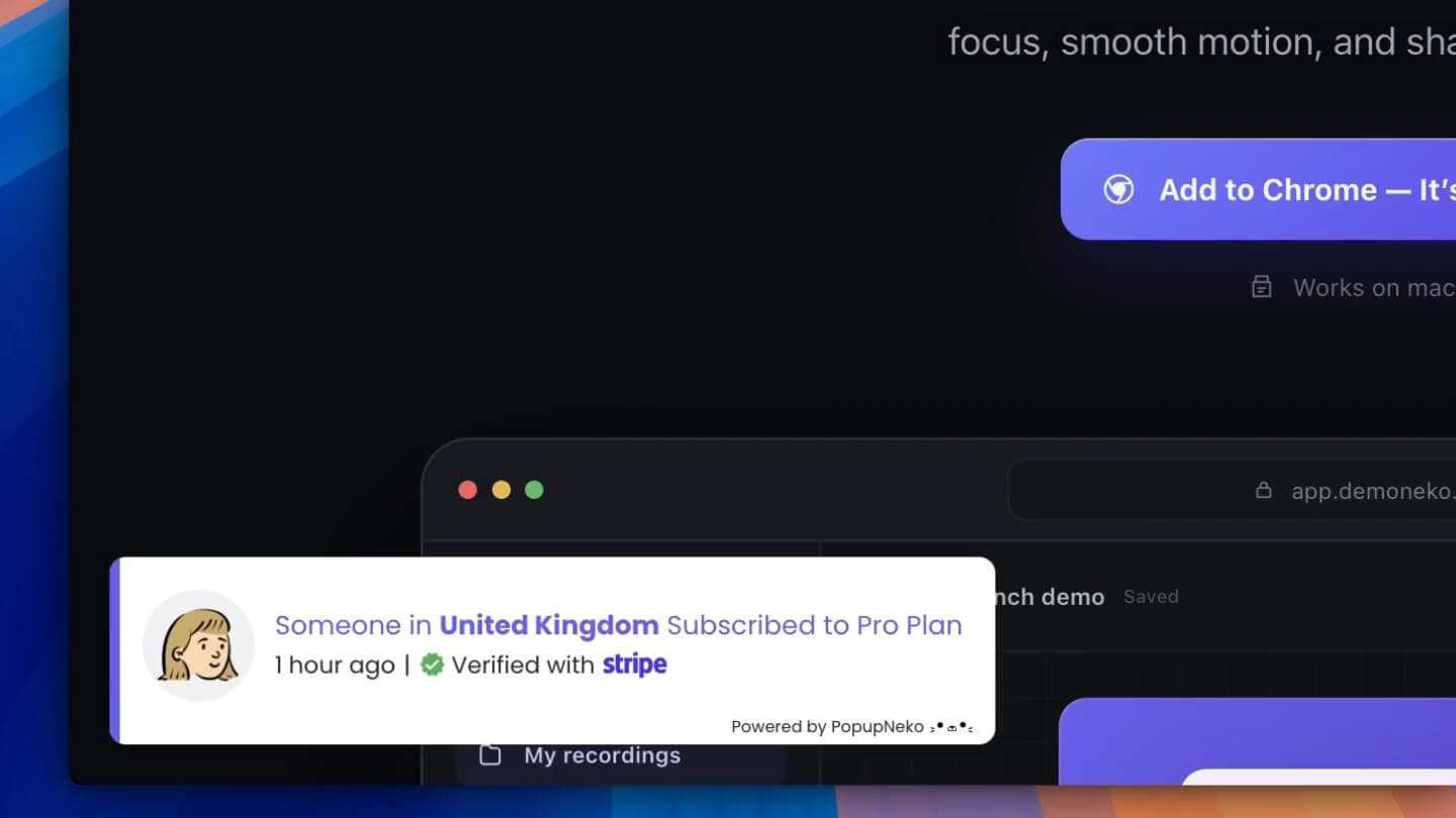 PopupNeko stripe social proof notifications appearing on a merchant website | PopupNeko