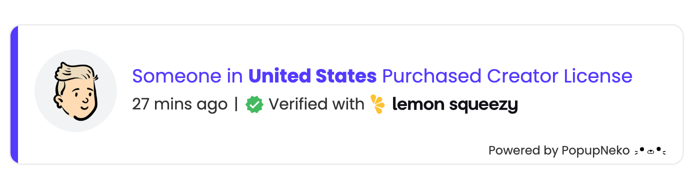 PopupNeko verified Lemon Squeezy sales social proof notification popup