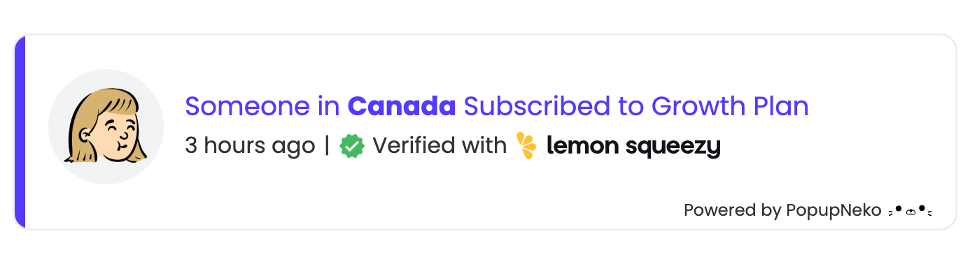 PopupNeko verified Lemon Squeezy subscription social proof notification popup
