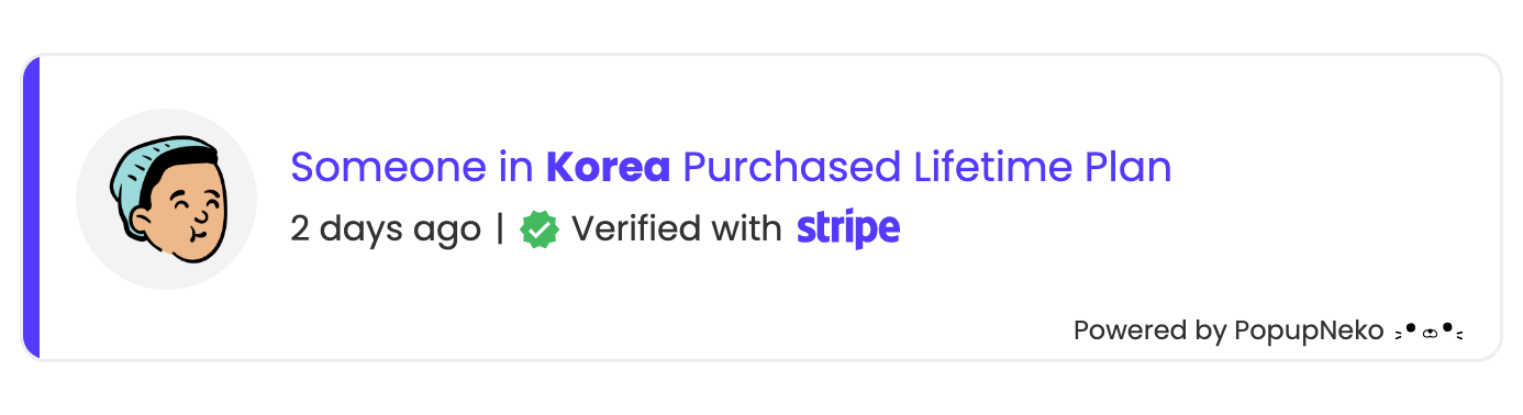 PopupNeko verified Stripe sales social proof notification popup